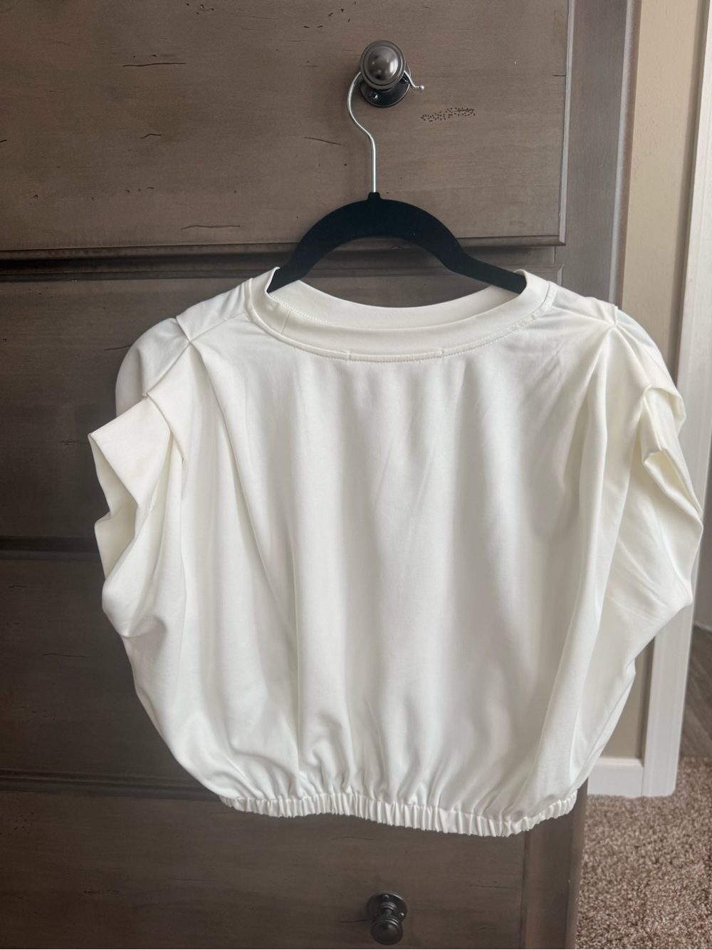 Cream Puff-Sleeve Cropped Top with Elastic Hem - Unbranded